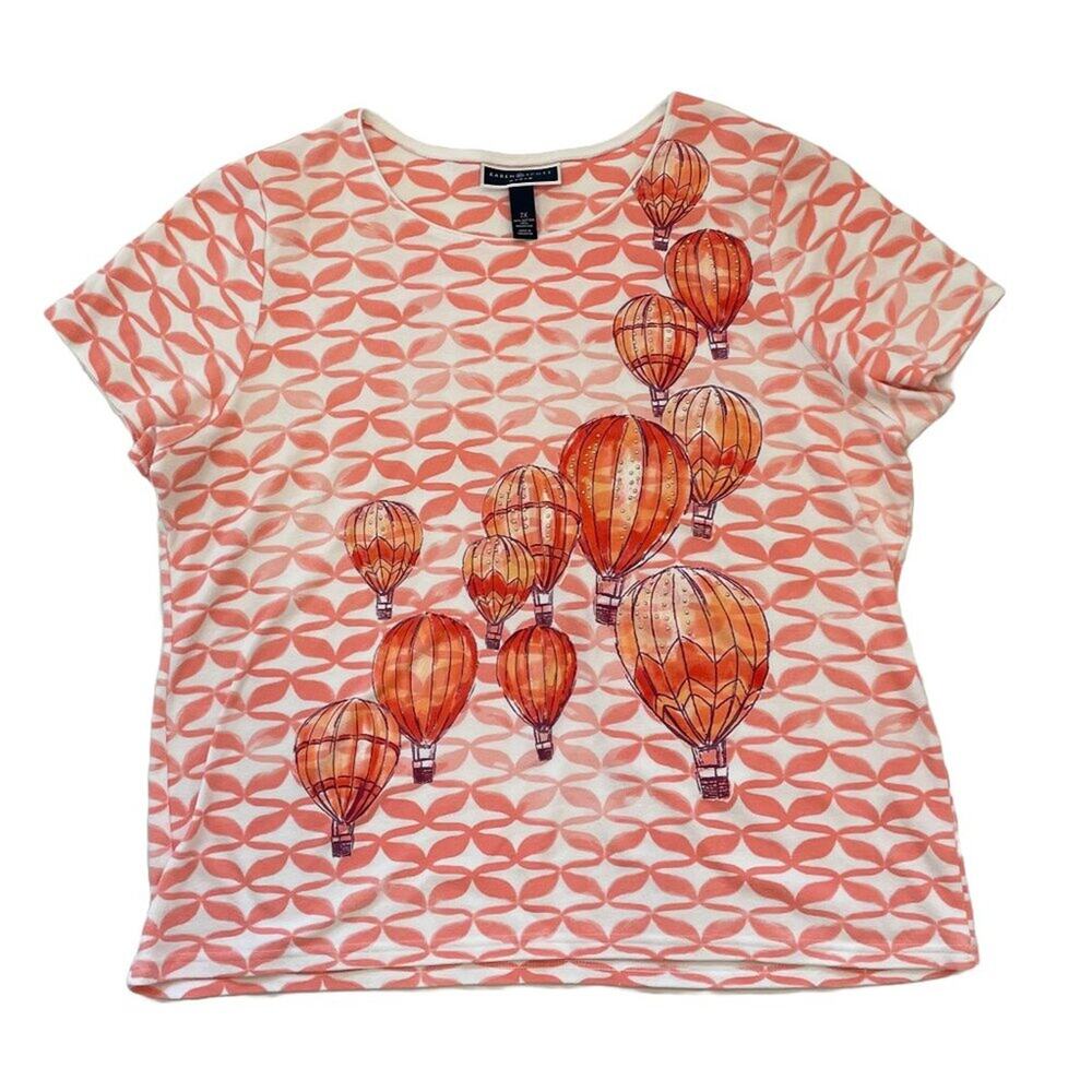 Karen Scott Coral / Orange T-Shirt, Hot Air Balloon Print, Bling Size 2X